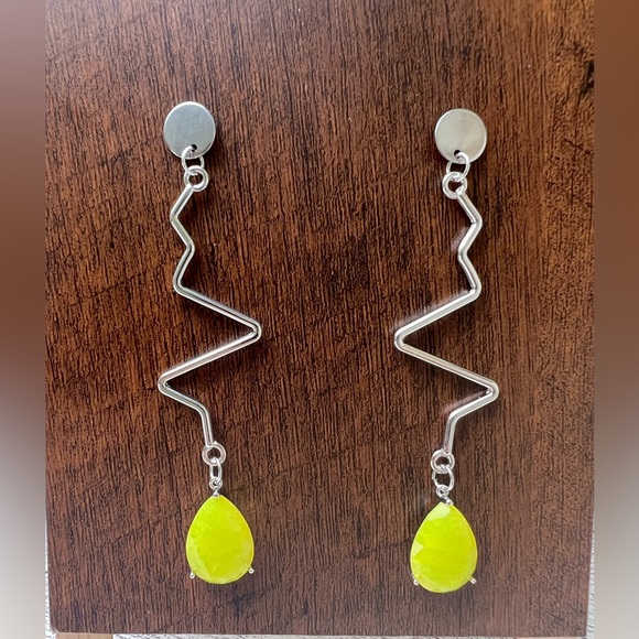 Minimalist Retro Silver & Yellow Earrings - Mid-Century Long Statement Earrings - Picture 13 of 15